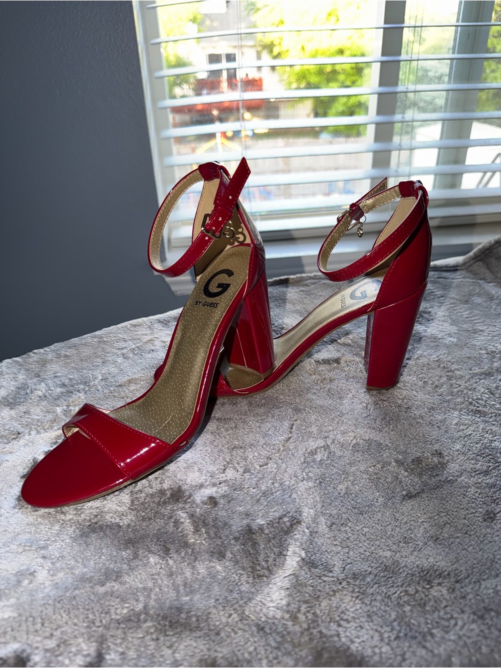 Guess Red Patent Ankle-Strap Block Heels